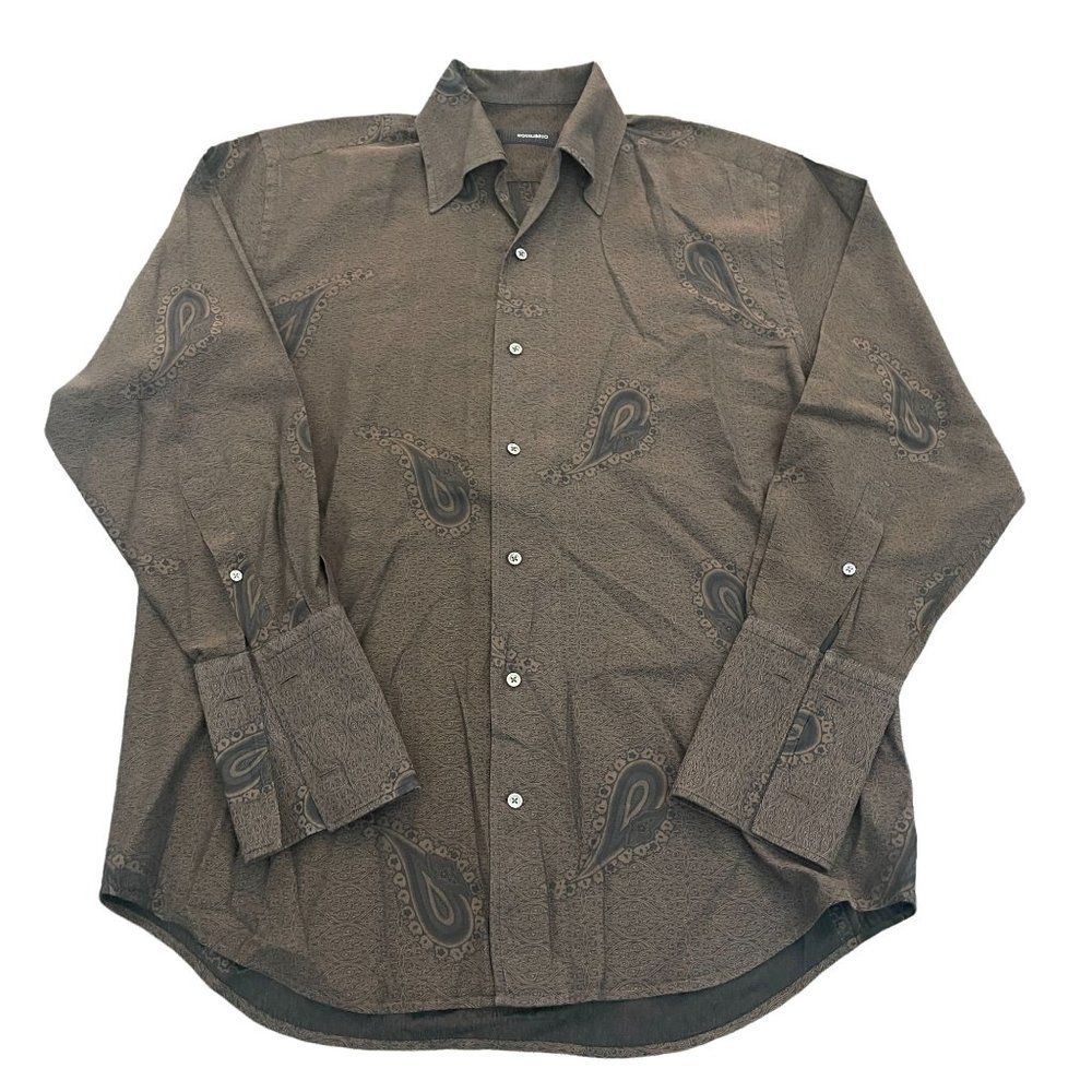 Equilibrio Brown Paisley Print Button Cufflinks Dress Shirt, Size M